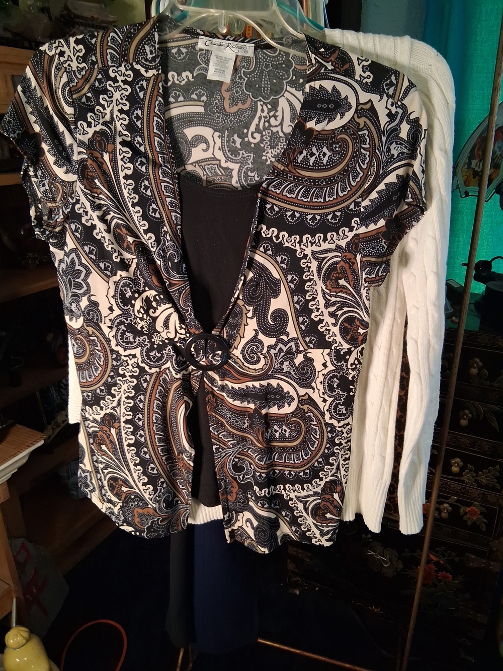 Claudia Richard Paisley Tie-Front Blouse in Black, Cream & Brown
